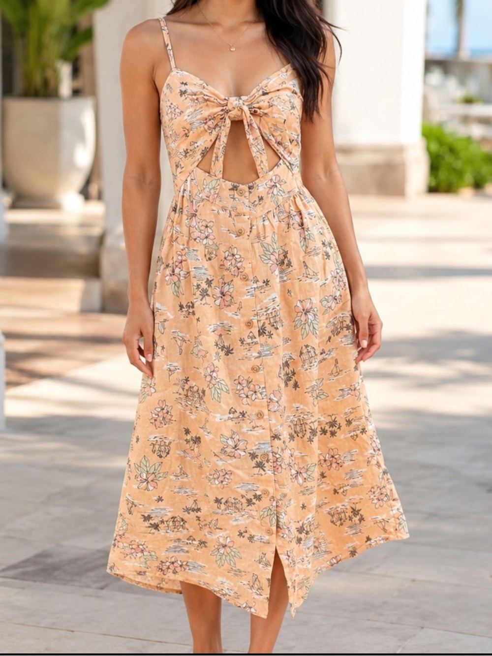 MINKPINK Peach Floral Tie-Front Midi Dress